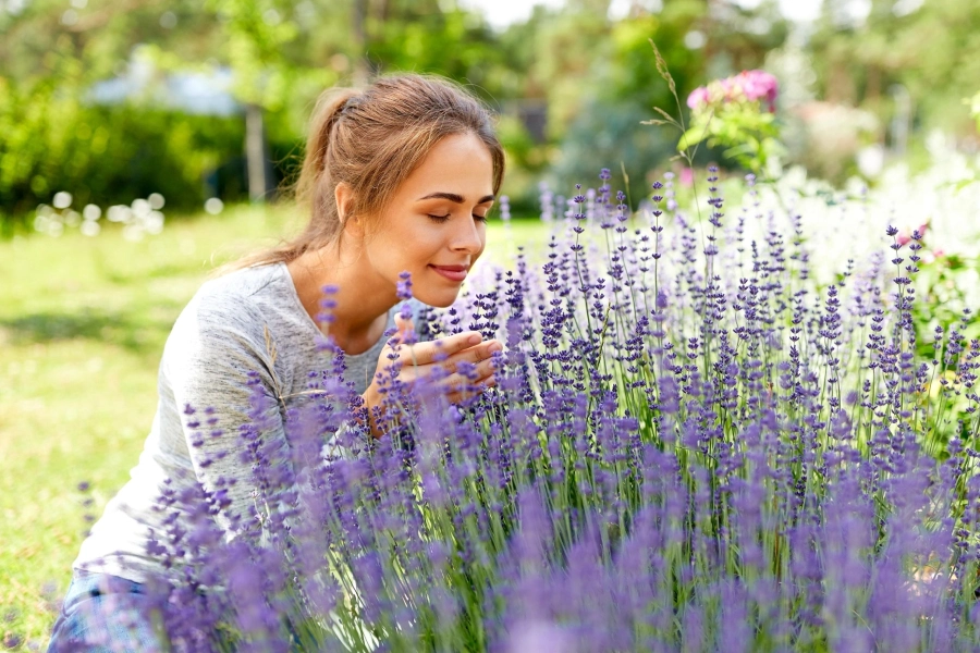A woman is smelling the flowers in her garden.